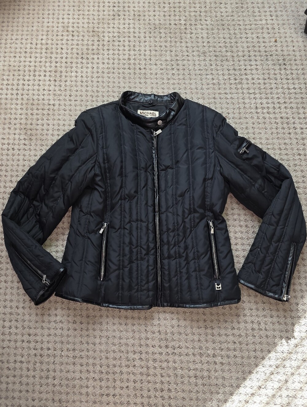 MICHAEL Michael Kors Black Quilted Puffer Jacket With PU Leather Trim